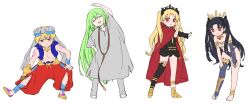  1boy 1other 2girls androgynous bandeau black_hair black_leotard black_thighhighs blonde_hair blue_panties blue_thighhighs blue_vest bridal_gauntlets cape commentary_request earrings enkidu_(fate) ereshkigal_(fate) fate/grand_order fate_(series) gauntlets gilgamesh gilgamesh_(caster)_(fate) gilgamesh_(fate) green_hair grey_hat grey_pants grey_robe hat himeko_(nico6v6pachi) ishtar_(fate) jewelry leotard multiple_girls panties pants red_cape red_eyes red_pants robe single_bridal_gauntlet single_gauntlet single_thighhigh stretching thighhighs toeless_legwear two_side_up underwear vest white_bandeau 