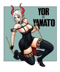  1girl alternate_hairstyle artist_name bare_shoulders black_dress black_gloves black_thighhighs breasts character_name cleavage cleavage_cutout clothing_cutout colored_skin cosplay curvy dagger dress dual_wielding female_focus fingerless_gloves gloves gold_hairband hairband hayami_saori holding holding_weapon horns huge_breasts iury_padilha knife large_breasts long_hair one_piece orange_eyes solo source_request spy_x_family stiletto_(weapon) strapless strapless_dress thick_thighs thighhighs thighs two-sided_dress two-sided_fabric very_long_hair voice_actor_connection weapon white_background white_hair white_skin yamato_(one_piece) yor_briar yor_briar_(cosplay) 