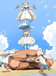  4girls animal animal_ears ankleband arms_up barefoot beach blonde_hair blue_hair blue_neckerchief blue_sailor_collar bracelet cat_ears conch crab day dress fins fish_tail highres holding holding_animal indie_virtual_youtuber jewelry lifebuoy_hair_ornament long_hair low_twintails multicolored_hair multiple_girls multiple_persona neckerchief oversized_animal raven_mido sailor_collar sameko_saba sand shark_tail sky sleeveless sleeveless_dress streaked_hair tail twintails two-tone_hair very_long_hair virtual_youtuber white_dress 