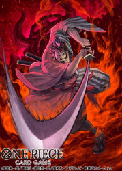  1boy beard chonmage closed_mouth commentary_request copyright_name facial_hair holding holding_sword holding_weapon japanese_clothes kimono kinemon leg_hair looking_at_viewer male_focus moopic official_art one_piece one_piece_card_game sandals solo sword topknot weapon wide_sleeves 