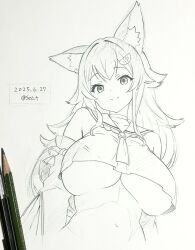  1girl animal_ear_fluff animal_ears breasts collarbone dated graphite_(medium) highres hololive huge_breasts long_hair looking_at_viewer ookami_mio seo_tatsuya sidelocks smile solo traditional_media twitter_username underboob 