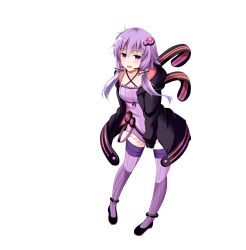  1girl absurdres alpha_transparency anklet black_jacket black_shoes breasts commentary_request criss-cross_halter dress full_body hair_ornament halterneck highres hood hooded_jacket jacket jewelry kiki_(koikuchikinako) low_twintails medium_breasts open_mouth psd_available purple_dress purple_eyes purple_hair purple_thighhighs ribbed_thighhighs shoes sleeves_past_wrists smile solo thighhighs transparent_background twintails voiceroid yuzuki_yukari 