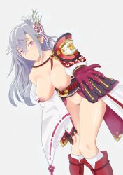  1girl armor belt_pouch breasts hair_ornament japanese_clothes kaguya_(rune_factory) long_hair pouch purple_eyes pussy rune_factory rune_factory:_guardians_of_azuma shoulder_armor thighs white_hair  rating:Explicit score:4 user:Loctekk