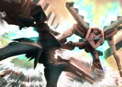  absurdres armor armored_core armored_core:_for_answer assault_visor blue_armor blue_visor dual_wielding fromsoftware gun highres holding horns humanoid_robot machine_gun mecha mechanical_wings no_humans robot science_fiction shnmn_09 single_horn stasis thrusters water weapon white_glint wings 