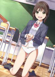  1girl absurdres black_socks blazer board_eraser bow bow_panties bowtie brown_eyes brown_hair chair chalkboard collared_shirt commentary_request commission crotch_seam day desk diagonal-striped_bow diagonal-striped_bowtie diagonal-striped_clothes dress_shirt dutch_angle embarrassed full_body grey_jacket grey_skirt highres indoors jacket kneeling light_blush long_sleeves looking_at_viewer negimiso1989 no_pants no_shoes open_clothes open_jacket open_mouth original own_hands_together panties pink_bow pink_bowtie pixiv_commission pleated_skirt raised_inner_eyebrows school_chair school_desk school_uniform shadow shirt short_hair skirt socks solo striped_clothes sunlight underwear unworn_skirt variant_set white_panties white_shirt 