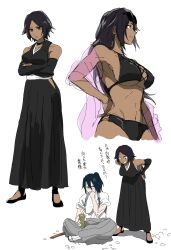  1boy 1girl alternate_costume bare_shoulders bikini black_bikini black_hair bleach bleach:_brave_souls bleach:_turn_back_the_pendulum bokken breasts cleavage dark-skinned_female dark_skin hair_between_eyes highres japanese_clothes kimono kuchiki_byakuya large_breasts long_hair looking_at_viewer navel nil_note0 open_mouth parted_bangs purple_hair shihouin_yoruichi short_hair simple_background smile swimsuit sword teasing teeth thighs toned toned_female weapon wooden_sword yellow_eyes 