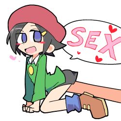  1girl :d adeleine bare_legs black_hair blue_eyes blue_socks blush_stickers boots green_jacket hair_ornament hat heart jacket kan_(kam48360493) kirby_(series) kneeling loli looking_at_viewer nintendo open_mouth red_hat shorts smile socks solo speech_bubble white_background  rating:Sensitive score:48 user:BostonsTrain