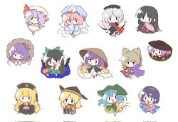  6+girls ajirogasa apron arm_cannon arm_ribbon arm_up bat_wings bead_necklace beads belt black_boots black_dress black_eyes black_hair black_hat black_shoes black_socks blonde_hair blue_dress blue_hairband blue_hat blue_kimono blush boots bow bow_(weapon) bowl bowl_hat braid brown_belt brown_hair brown_hairband brown_hat brown_skirt chibi chibi_only chinese_clothes cloak closed_mouth collared_dress commentary_request constellation_print crescent crescent_print cross dalachi_(headdress) detached_sleeves dress earmuffs floating_clothes floating_hair floral_print flying frills full_body gradient_hair green_apron green_belt green_bow green_dress green_hairband green_headscarf green_skirt grey_hair hair_between_eyes hair_bow hair_ornament hairband hand_up hands_in_opposite_sleeves haniyasushin_keiki hat hat_ribbon headscarf highres hijiri_byakuren hitodama holding holding_baton holding_bow_(weapon) holding_weapon houraisan_kaguya japanese_clothes jewelry junko_(touhou) kimono kirby_(tiokirby) korean_commentary layered_sleeves leaf leaf_hair_ornament leg_ribbon long_hair long_sleeves looking_at_viewer looking_to_the_side low-braided_long_hair low-tied_long_hair magatama magatama_necklace mandarin_collar maple_leaf matara_okina mirror mob_cap moon_print multicolored_dress multicolored_hair multicolored_hairband multiple_girls neck_ribbon necklace nurse_cap orange_dress orange_hairband orange_sleeves orange_tabard parted_bangs patchwork_clothes phoenix_print pink_dress pink_hair pink_kimono pink_shirt pocket pointy_hair pom_pom_(clothes) puffy_long_sleeves puffy_short_sleeves puffy_sleeves purple_boots purple_cloak purple_dress purple_hair purple_hairband purple_skirt rainbow_order red_cloak red_dress red_hairband red_ribbon red_shirt red_tabard reiuji_utsuho remilia_scarlet ribbon ritual_baton saigyouji_yuyuko shirt shoes short_hair short_over_long_sleeves short_sleeves sidelocks simple_background sitting sitting_on_throne skirt sky_print smile socks sorcerer&#039;s_sutra_scroll stage_connection standing starry_sky_print sukuna_shinmyoumaru tabard tassel tenkyuu_chimata third_eye touhou toyosatomimi_no_miko triangular_headpiece turtleneck turtleneck_dress two-sided_cloak two-sided_fabric two-tone_dress v-shaped_eyebrows veil very_long_hair wavy_hair weapon white_background white_belt white_cloak white_dress white_hat white_shirt white_shoes wide_sleeves wings wood_carving_tool yagokoro_eirin yasaka_kanako yellow_dress yellow_hairband yellow_ribbon 