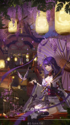  1girl absurdres architecture bird birdcage black_bridal_gauntlets blurry blurry_background breasts bridal_gauntlets cage cleavage closed_mouth east_asian_architecture flower genshin_impact highres holding holding_umbrella lantern long_sleeves obi oil-paper_umbrella paper_lantern peachumi purple_eyes purple_flower purple_hair raiden_shogun sash sitting solo thighhighs umbrella wide_sleeves wisteria 