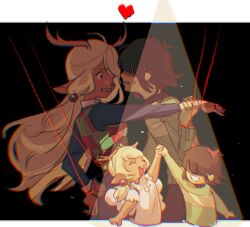  1girl 1other animal_ears antlers black_shirt blonde_hair brown_hair checkered_clothes checkered_vest commentary dancing deer_antlers deer_ears deer_girl deltarune demon_horns dress english_commentary fake_horns furry furry_female green_sweater heart highres horn_hairband horns jewelry kris_(deltarune) long_sleeves noelle_holiday puppet_strings red_horns ring shirt short_hair single_horizontal_stripe soul_(deltarune) spotlight striped_clothes striped_sweater sweater titty_pizza vest weird_route_(deltarune) white_dress 