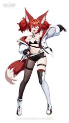  1girl ;d animal_ear_fluff animal_ears arm_up asymmetrical_footwear bare_shoulders black_gloves black_pantyhose black_shorts blue_eyes boots bra breasts copyright_name copyright_notice detached_collar fangs full_body gloves hair_ornament hand_on_own_hip hand_up highres jacket jeremiah_(rememento) logo looking_at_viewer medium_hair off_shoulder official_art one_eye_closed open_clothes open_jacket open_mouth panty_straps pantyhose partially_fingerless_gloves red_hair rememento:_white_shadow short_shorts shorts single_leg_pantyhose single_thigh_boot skindentation small_breasts smile solo tachi-e thigh_boots thigh_strap twintails underwear uneven_footwear white_background white_boots white_jacket 