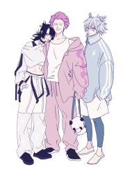  3boys androgynous black_hair black_shoes blue_hair blue_track_suit bra_strap cheek_piercing closed_eyes earrings face_piercing facial_hair facial_mark full_body hakari_kinji high_collar highres hoshi_kirara jewelry jujutsu_kaisen kashimo_hajime lightning_bolt_symbol lip_piercing medium_hair multicolored_hair multiple_boys mustache_stubble navel panda_bag pants piercing purple_hair shoes short_hair simple_background standing star-shaped_pupils star_(symbol) streaked_hair stubble symbol-shaped_pupils track_suit white_background white_pants white_shoes yuz46 