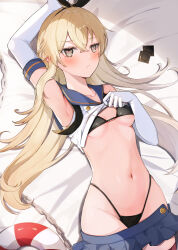 1girl armpits bed_sheet black_bra black_panties blonde_hair blue_sailor_collar blue_skirt blush bra breasts chain closed_mouth collarbone condom condom_wrapper cowboy_shot crop_top elbow_gloves gloves groin hair_between_eyes highleg highleg_panties highres kantai_collection long_hair miniskirt panties pleated_skirt ranran_3939 sailor_collar school_uniform serafuku shimakaze_(kancolle) skirt sleeveless small_breasts solo underwear white_gloves yellow_eyes rating:Sensitive score:50 user:danbooru