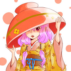  1girl bowl brown_sash commentary floral_print hair_between_eyes hair_over_shoulder hair_tubes hands_up hari_tabo42 highres holding holding_bowl japanese_clothes kimono long_hair looking_at_viewer obi object_on_head one_eye_covered original oversized_object parted_lips pink_eyes pink_hair sash solo teeth upper_body upper_teeth_only yellow_kimono 