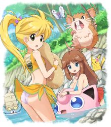  2girls :o absurdres antenna_hair arched_back ass blonde_hair blue_eyes breasts brown_hair butterfree cleavage day eyelashes fish_hook fishing_line fishing_rod gen_1_pokemon green_(pokemon) green_eyes hat highres holding holding_unworn_clothes holding_unworn_hat jigglypuff looking_back multiple_girls nintendo omastar open_mouth outdoors pikachu pokemoa pokemon pokemon_(creature) pokemon_adventures ponytail raticate scrunchie sidelocks smile tongue unworn_hat unworn_headwear wading water wrist_scrunchie wristband yellow_(pokemon)  rating:Sensitive score:113 user:danbooru