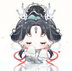  1girl baonu_de_zhanshen_caibutou beads black_hair chibi chinese_clothes closed_eyes clouded_loong_(infinity_nikki) dot_nose dragon_horns earrings eyelashes flower flower_earrings forehead_jewel grey_flower hagoromo hair_beads hair_bun hair_flower hair_ornament half_updo hanfu highres horns infinity_nikki jewelry light_blush light_particles long_hair long_sleeves nikki_(series) parted_lips petals reflection reflective_water ripples sad shawl single_hair_bun sleeves_past_fingers sleeves_past_wrists solo standing standing_on_liquid tassel tassel_earrings very_long_hair white_background white_hanfu white_horns wide_sleeves 