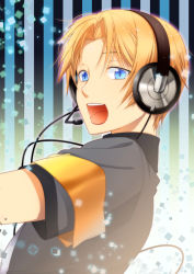  1boy bad_id bad_pixiv_id blonde_hair blue_eyes headphones headset male_focus necktie portrait smile solo suiga_sora utau utility_pole_(artist) 