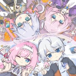  2boys 4girls ;) ahoge blue_eyes blue_skirt character_snowman chimera_(honkai:_star_rail) chinese_commentary closed_mouth coat color_connection commentary_request company_connection cyrene_(honkai:_star_rail) elf elf_elysia elysia_(honkai_impact) hair_color_connection highres hino_satoshi holding holding_megaphone honkai:_star_rail honkai_(series) honkai_impact_3rd inoue_marina jacket kevin_kaslana lianxielian long_hair medium_hair megaphone mem_(honkai:_star_rail) multicolored_jacket multiple_boys multiple_girls official_alternate_costume one_eye_closed open_mouth phainon_(honkai:_star_rail) pink_hair pointy_ears shirt short_hair skirt smile two-tone_jacket v voice_actor_connection white_coat white_hair white_shirt yanning 