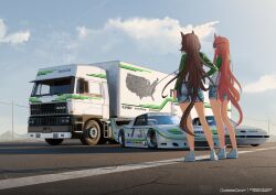  2girls absurdres animal_ears blue_sky brown_hair car clothing_cutout commentary contrapposto denim denim_shorts ear_covers ear_ornament english_commentary from_behind full_body goodyear green_jacket hand_on_own_hip highres horse_ears horse_girl horse_tail jacket long_sleeves map mazda mazda_rx-7 motor_vehicle multicolored_hair multiple_girls outdoors pavement pioneer_corporation run_rotary shoes shorts sky sneakers speed_symboli_(umamusume) spoiler_(automobile) standing streaked_hair symboli_rudolf_(umamusume) tail tail_through_clothes truck umamusume united_states white_hair white_shoes 
