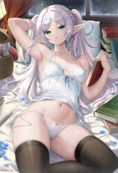 1girl arm_behind_head arm_up armpits bare_shoulders book breasts brown_thighhighs camisole collarbone cyicheng earrings elf frieren green_eyes grey_hair jewelry long_hair looking_at_viewer navel open_mouth panties parted_bangs pillow pointy_ears small_breasts solo sousou_no_frieren teardrop_earrings thighhighs thighs twintails underwear white_camisole white_panties rating:Sensitive score:68 user:danbooru