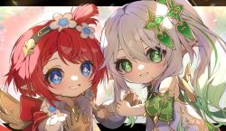  2girls absurdres bare_shoulders blue_eyes blush brown_gloves commentary crossover detached_sleeves dress genshin_impact gloves gold_trim gradient_hair green_eyes green_hair green_sleeves hair_between_eyes highres holding_hands honkai:_star_rail honkai_(series) long_hair medium_hair mihoyo moderate_gold multicolored_hair multiple_girls nahida_(genshin_impact) open_mouth parted_lips pointy_ears red_hair side_ponytail sleeveless sleeveless_dress symbol-shaped_pupils tribbie_(honkai:_star_rail) upper_body white_dress white_hair 