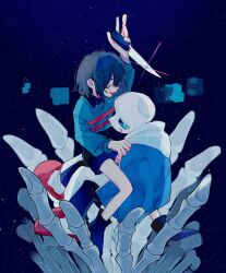  1boy 1other :d ankle_boots ao_62 arm_up black_background black_boots black_hair black_pants black_shirt black_shorts blue_eyes blue_jacket blue_sweater bob_cut bone boots closed_eyes collared_shirt commentary double_horizontal_stripe film_grain fingernails flaming_eye frisk_(undertale) full_body grin halftone hand_on_another&#039;s_shoulder highres holding holding_knife hood hood_down hooded_jacket jacket jitome knife light_particles long_sleeves looking_at_viewer open_clothes open_jacket open_mouth pants puffy_long_sleeves puffy_sleeves red_slippers red_sweater sans_(undertale) shirt short_hair shorts sideways_glance sitting sitting_on_lap sitting_on_person skeleton slippers smile straddling striped_clothes striped_sweater sweater symbol-only_commentary teeth two-tone_sweater u_u undertale upper_teeth_only white_hood 