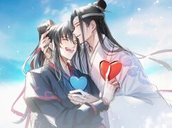  2boys absurdres black_hair black_hanfu blue_sky chinese_clothes closed_eyes cloud couple day hair_ribbon hand_on_another&#039;s_head hanfu headband heart heart-shaped_hole high_ponytail highres holding holding_heart hole_on_body hug lan_wangji light_particles long_hair long_sleeves male_focus modao_zushi multiple_boys open_mouth outdoors ponytail red_ribbon ribbon robe sidelocks sky smile topknot upper_body wei_wuxian white_hanfu white_headband wide_sleeves xiao_guan_(headdress) yaoi young57440489 