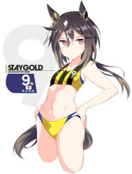  1girl animal_ears bare_shoulders black_sports_bra breasts brown_hair buruma character_name commentary_request copyright_name cropped_legs ear_ornament hands_on_own_hips horse_ears horse_girl horse_tail japanese_flag long_hair low_ponytail multicolored_hair navel ponytail shigino_sohuzi simple_background small_breasts solo sports_bikini sports_bra stay_gold_(umamusume) stomach streaked_hair tail translation_request two-tone_sports_bra umamusume white_background white_hair yellow_buruma yellow_sports_bra 