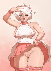 1girl bottomless clothes_lift elphelt_valentine guilty_gear guilty_gear_strive highres no_panties one_eye_closed pussy rover_(rover_png) skirt skirt_lift thick_thighs thighhighs thighs v white_hair wide_hips wink 