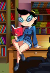  1girl absurdres arabatos black_eyes black_hair blush book bookcase breasts cameltoe chair closed_mouth collar commission commissioner_upload crossed_legs cuffs desk drawer dress dress_skirt english_text eyelashes facing_viewer full_body glasses hair_ornament hey_arnold! highres huge_filesize indoors knob library looking_at_viewer miniskirt nickelodeon no_socks on_table panties pantyshot phoebe_heyerdahl scrunchie shoes sitting skirt small_breasts smile solo table thighs underwear white_panties  rating:Questionable score:31 user:sasamisa
