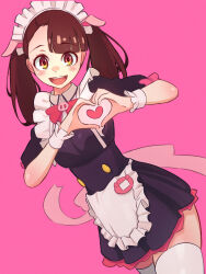  1girl :d absurdres alternate_costume alternate_hairstyle apron asymmetrical_bangs black_shirt black_skirt blush bow bowtie brown_eyes brown_hair enmaided heart heart_hands highres kagari_atsuko little_witch_academia long_hair looking_at_viewer madabau maid maid_headdress miniskirt open_mouth pink_background red_bow red_bowtie shirt short_sleeves simple_background skirt smile solo standing thighhighs twintails waist_apron white_apron white_thighhighs white_wrist_cuffs wrist_cuffs zettai_ryouiki 