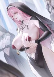  4girls absurdres arm_under_breasts black_dress black_shrug blurry blurry_foreground breasts chinese_commentary coif cross dress glasses highres huge_breasts jewelry livestream long_hair multiple_girls navel nun original own_hands_clasped own_hands_together pasties persimmonszzz pink_eyes pink_hair pink_lips shrug_(clothing) smile solo_focus teeth thighs 