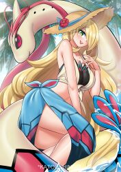  1girl :d absurdres alternate_eye_color bikini bikini_under_clothes blonde_hair blue_sarong blue_sky breasts cleavage cloud collarbone crop_top cynthia_(pokemon) cynthia_(summer_2025)_(pokemon) day flower gen_3_pokemon gradient_eyes green_eyes hair_over_one_eye hand_up hat hat_flower highres katou_shinobu large_breasts long_hair looking_at_viewer lying milotic multicolored_eyes nintendo on_side open_mouth outdoors pokemon pokemon_(creature) pokemon_masters_ex sarong shirt sky smile sun_hat swimsuit thighs tied_shirt tree very_long_hair water 