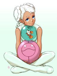  1girl absurdres aobito_sukoyaka_bystander blue_eyes boots braid commentary_request dark-skinned_female dark_skin double_bun facial_mark fish forehead_mark goldfish gundam gundam_g_no_reconguista hair_bun highres nobell orb raraiya_monday simple_background sleeveless smile solo thigh_boots white_background white_boots 