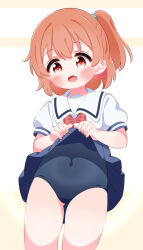  1girl blue_one-piece_swimsuit blue_school_swimsuit blue_skirt blush bow bowtie cameltoe clothes_lift fang hoshino_hinata loli looking_at_viewer one-piece_swimsuit open_mouth orange_hair ponytail puffy_sleeves r245 red_bow red_bowtie red_eyes school_swimsuit shirt short_hair short_sleeves side_ponytail skirt skirt_lift smile standing swimsuit swimsuit_under_clothes watashi_ni_tenshi_ga_maiorita! white_background white_shirt 