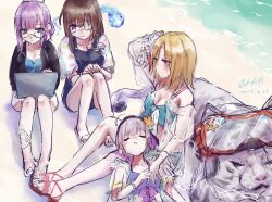  4girls ahoge animal blonde_hair blue_fire breasts brown_hair byakko_(heaven_burns_red) computer eyepatch fire flower glasses green_eyes grey_hair hair_flower hair_ornament heaven_burns_red highres higuchi_seika hiiragi_kozue kurauchi_naya laptop long_sleeves medium_hair minase_ichigo minase_sumomo multiple_girls ocean one_eye_covered purple_eyes purple_hair rose short_hair swimsuit team_31b_(heaven_burns_red) tiger white_tiger 
