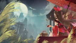  1girl animal bad_id bad_pixiv_id blue_sky bow brown_hair cloud commentary_request cup double_bun facing_away floating_hair food full_moon hair_bow hair_bun hair_ribbon highres holding holding_cup holding_umbrella leaf_print long_hair mochi moon oil-paper_umbrella original outdoors print_umbrella rabbit red_ribbon ribbon sakazuki saraki signature sitting sky solo striped_bow umbrella very_long_hair wheat  rating:Sensitive score:5 user:danbooru