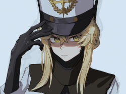  1girl bianca:_zero_(pgr) bianca_(pgr) black_gloves black_jacket blonde_hair closed_mouth gloves hair_between_eyes hat highres jacket mechanical_arms punishing:_gray_raven short_hair_with_long_locks solo takamatu_hajime white_hat white_jacket yellow_eyes 