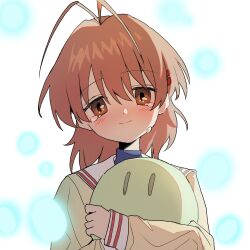  1girl absurdres antenna_hair brown_eyes brown_hair brown_jacket clannad commentary dango_daikazoku highres hikarizaka_private_high_school_uniform holding holding_stuffed_toy jacket light_blush light_particles long_sleeves looking_at_viewer medium_hair monky sailor_collar school_uniform solo stuffed_toy tears white_background white_sailor_collar 