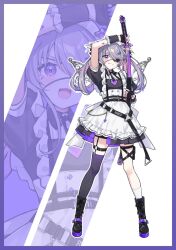  1girl alternate_costume apron black_boots black_dress black_gloves black_thighhighs boots closed_mouth dress enmaided eyepatch fingerless_gloves gloves gradient_hair grey_hair highres holding holding_sword holding_weapon hololive hololive_english koseki_bijou maid metal_wings multicolored_hair pink_hair purple_eyes purple_hair puunyannyan sheath single_thighhigh solo sword thighhighs tomato_(sword) twintails unsheathing virtual_youtuber weapon white_apron 