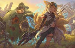  1girl animal_ears arknights bigrbear blonde_hair colored_tips commentary commission english_commentary extra_ears fox_ears fox_girl fox_tail goggles goggles_on_head green_eyes green_pants highres holding holding_polearm holding_weapon holster kitsune kyuubi looking_at_viewer multicolored_hair multiple_tails navel official_alternate_costume outdoors pants parted_lips polearm short_hair short_sleeves solo standing suzuran_(arknights) suzuran_(lostlands_flowering)_(arknights) tail thigh_holster torn_clothes torn_pants weapon white_hair 