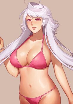  1girl ahoge bikini breasts cleavage commentary english_commentary eyeshadow facial_mark grey_background highres large_breasts long_sidelocks looking_at_viewer maika_(vocaloid) makeup medium_hair midriff navel pause_button pink_bikini pink_eyes pink_eyeshadow play_button shg_(hiomaika) sideboob sidelocks solo string_bikini swimsuit upper_body very_long_sidelocks vocaloid white_hair 