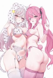  2girls :o ahoge animal_ears animal_hood annytf arm_around_waist ass asymmetrical_docking bear_ears bear_hood black_nails black_ribbon blue_eyes blush bow bowtie bra breast_press breasts camila_(vtuber) cat_tail colored_eyelashes commentary cowboy_shot detached_sleeves facial_mark fake_tail fang fingernails garter_belt gradient_hair grey_hair hair_between_eyes hair_ribbon half-closed_eyes hand_up heart heart_facial_mark heterochromia highleg highleg_panties highres hood hood_up indie_virtual_youtuber large_breasts long_fingernails long_hair looking_at_viewer medium_breasts mismatched_eyelashes multicolored_hair multiple_girls nail_polish navel open_mouth panties parted_lips pink_bow pink_bowtie pink_bra pink_eyes pink_hair pink_panties pink_thighhighs pointy_ears print_bra print_panties print_sleeves purple_eyes rabbit_tail ribbon side-tie_panties simple_background skin_fang smile standing star_(symbol) streaked_hair string_panties symbol-only_commentary tail thighhighs thong tongue twintails underboob underwear underwear_only very_long_hair virtual_youtuber white_background white_bow white_bowtie white_bra white_eyelashes white_hair white_panties white_sleeves white_thighhighs zxcsque  rating:Sensitive score:89 user:danbooru