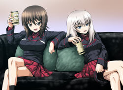  1girl 2girls absurdres alcohol beer beer_can birthday black_jacket blue_eyes breast_pocket breasts brown_eyes brown_hair can couch cross crossed_legs dated drink_can english_text garrison_cap girls_und_panzer grey_hair hat highres holding holding_can holding_unworn_clothes holding_unworn_hat iron_cross itsumi_erika jacket kamishima_kanon kuromorimine_military_uniform large_breasts long_hair long_sleeves looking_at_viewer lower_teeth_only military military_uniform multiple_girls nishizumi_maho open_mouth pleated_skirt pocket red_shirt red_skirt shirt short_hair skirt solo teeth unworn_hat unworn_headwear 