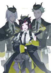 3boys absurdres arms_behind_back artist_name bangs_pinned_back black_coat black_hair black_hat black_shorts blue_eyes coat collared_shirt colored_inner_hair cowboy_shot fangs green_coat green_hair green_trim hat highres lilia_vanrouge long_sleeves looking_at_viewer male_focus multicolored_hair multiple_boys open_mouth pink_hair pointy_ears red_eyes salttt_twst sebek_zigvolt shaded_face shirt shorts silver_vanrouge simple_background sleeves_rolled_up smile suspender_shorts suspenders twisted_wonderland two-sided_coat two-sided_fabric white_background white_hair white_shirt yellow_eyes 