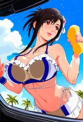  1girl against_glass bikini bikini_skirt black_hair blush breast_press breasts breasts_on_glass final_fantasy final_fantasy_vii final_fantasy_vii_rebirth final_fantasy_vii_remake flower frilled_bikini frills grey_bikini hair_flower hair_ornament hair_ribbon hibiscus highres holding holding_sponge jaydamon large_breasts microskirt midriff motor_vehicle navel palm_tree red_eyes ribbon skirt solo sponge swimsuit tifa_lockhart tifa_lockhart_(shining_spirit) tree updo washing_vehicle wet white_ribbon wristband 