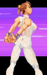  1girl ass bodysuit bracelet breasts brown_eyes brown_hair capcom chun-li cleft_of_venus double_bun from_behind hair_bun hair_ribbon jewelry large_breasts nipples pixel_art purple_background pussy ribbon saiwai_hiroshi see-through_clothes see-through_bodysuit short_hair sleeveless sleeveless_bodysuit spiked_bracelet spikes standing street_fighter street_fighter_zero_(series) street_fighter_zero_2 stretching white_bodysuit yellow_ribbon 