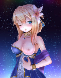  1girl ;p aneten bare_shoulders blonde_hair blue_dress blue_eyes blush bracelet braid breasts clothes_pull collar dress dress_pull emil_chronicle_online flower hair_flower hair_ornament highres jewelry large_breasts le_fay_lore looking_at_viewer nipples one_eye_closed tongue tongue_out upper_body 