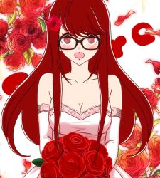  1girl akegoro_s2 bare_shoulders blush breasts bride dress elbow_gloves flower glasses gloves long_hair makeup medium_breasts open_mouth persona persona_5 persona_5_the_royal petals red_flower red_hair white_background white_dress yoshizawa_sumire 