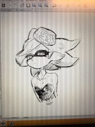  1girl breasts cleavage greyscale inkling_player_character kotoyama marie_(splatoon) monochrome nintendo simple_background sketch splatoon_(series) unfinished white_background  rating:Sensitive score:4 user:G22